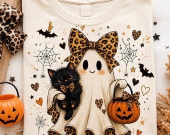Halloween Ghost Cat PNG, Leopard Bow Shirt Design