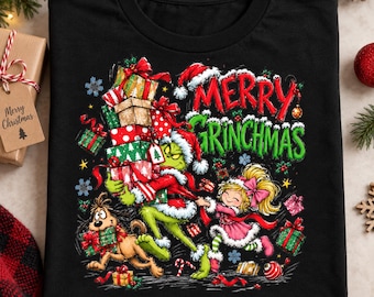 Merry Holiday Chaos PNG, Funny Christmas Gift Stack Design, Green Holiday Character Girl Dog Graphic, Festive Sublimation PNG