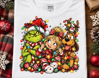 Christmas Lights Chaos PNG, Green Holiday Character Girl Dog Design, Funny Tangled Lights Festive Sublimation PNG