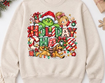 Holiday Chaos PNG, Green Holiday Character Design, Cute Christmas Girl Dog Graphic, Funny Christmas Lights Sublimation PNG