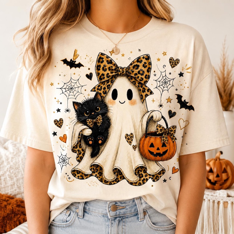A woman wearing a white t-shirt with a Halloween-themed graphic design featuring a ghost, a cat, a pumpkin, and various Halloween symbols.
