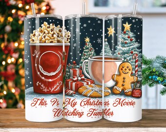 Christmas 20Oz Tumbler Wrap PNG, 20oz Gingerbread Skinny Sublimation Tumbler, This Is My Movie Watching Tumbler Png Christmas Tumbler
