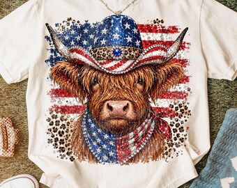 Patriotic Highland Cow PNG, 4th Of July Western Shirt Design