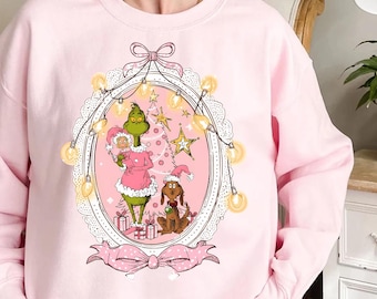 Preppy Pink Grinchmas Christmas PNG, Retro Coquette Green Guy Clipart Vintage Holiday Sublimation Design