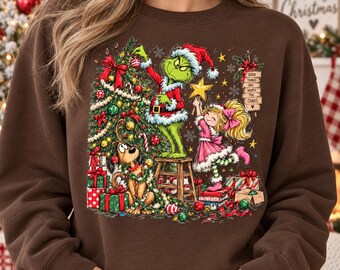 Christmas Chaos PNG, Christmas Tree Decorating Design, Green Holiday Character Girl Dog Graphic, Funny Festive Sublimation PNG