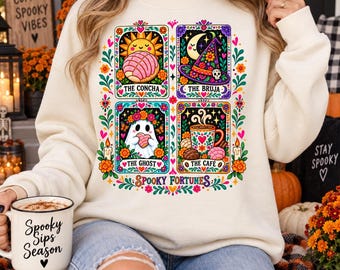 Spooky Fortunes PNG, Mexican Halloween Tarot Design, La Bruja Concha Ghost Cafe Graphic, Colorful Folk Art Sublimation PNG