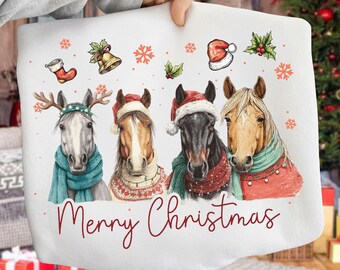 Merry Christmas Horses PNG Clipart, Watercolor Equestrian Holiday T-Shirt Sublimation, Festive Horse Lovers Digital File
