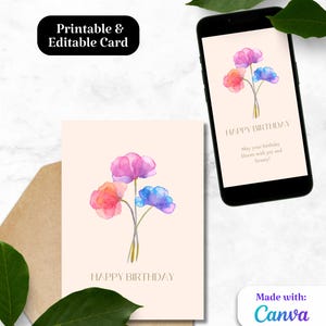 Carte d'anniversaire numérique, joyeux anniversaire de fleurs à l'aquarelle, carte modifiable, carte de téléphone, carte de texte, carte à imprimer, modèle de toile, cadeau pour femme