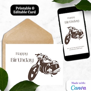 Digitale verjaardagskaart, motorfietsafbeelding minimaal, bewerkbare kaart, telefoonkaart, tekstkaart, afdrukbare kaart, canvassjabloon, cadeau voor mannen