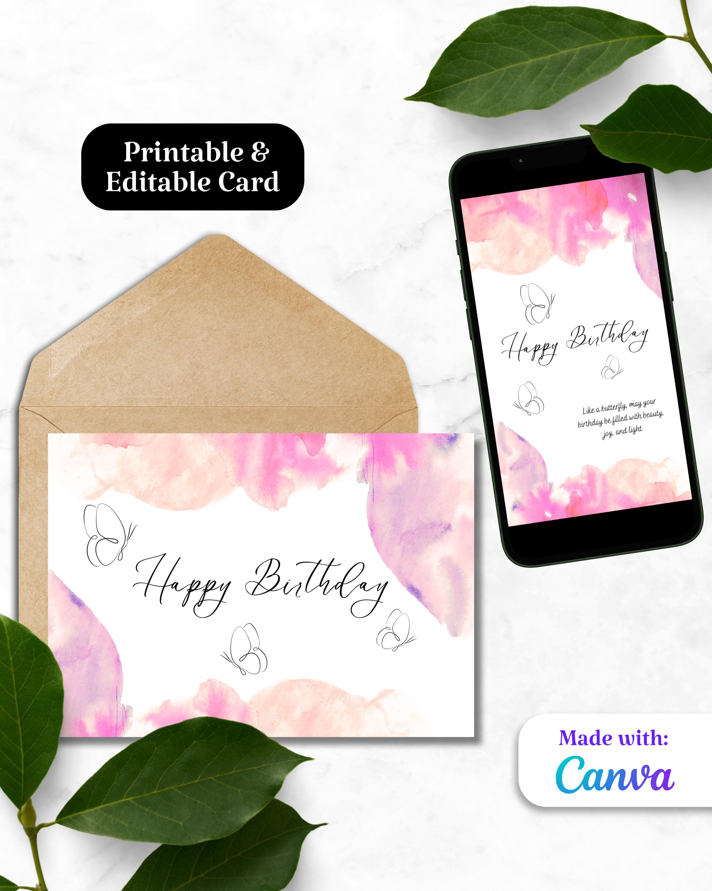 Digital Birthday Card, Butterfly Pink Happy Birthday, Editable Card ...