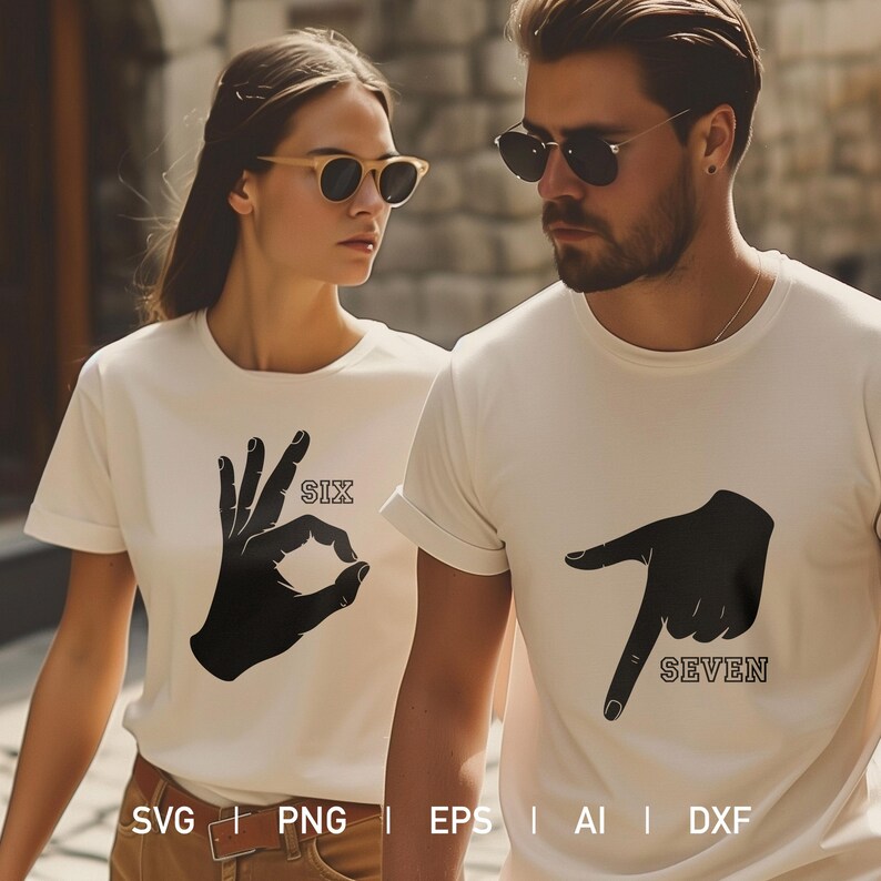 May include: Two people wearing white t-shirts with black hand gesture graphics. One shirt says "SIX" and the other says "SEVEN". The shirts are short-sleeved and the people are wearing sunglasses.