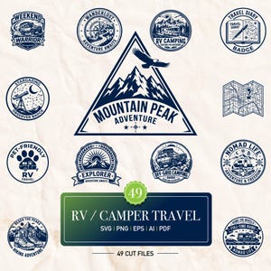 May include: A collection of 49 dark blue graphic badges and emblems featuring outdoor themes like RV camping, mountain peaks, hiking, and travel. The designs include illustrations of vehicles, maps, compasses, and wildlife with text such as Mountain Peak Adventure.