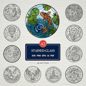May include: A digital collection of 42 circular stained glass designs featuring black line art illustrations of a koi fish, unicorn, hot air balloon, tulip, swan, dragon, eagle, hawk, castle, and grapes, with one coloured koi fish design in the centre.