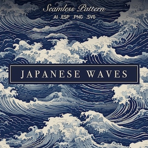 Op de afbeelding: Naadloze patroon van blauwe en witte Japanse golven. Het patroon is een herhalend ontwerp van golven die tegen elkaar aanbotsen. De golven zijn getekend in een traditionele Japanse stijl.