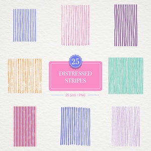 May include: A digital graphic design featuring nine rectangular panels with distressed vertical stripes in various colors, including blue, pink, purple, orange, red, and teal. A pink rectangle with the text "DISTRESSED STRIPES" is in the center.
