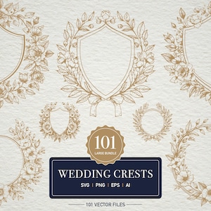 May include: A collection of gold-colored floral crests and wreaths, with a variety of shapes and designs. The image includes a badge that says "101 LARGE BUNDLE" and a navy blue rectangle with the text "WEDDING CRESTS" and file type information.