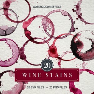 Puede incluir: Una colección de diseños de manchas de vino en acuarela en tonos rojos y morados. La imagen incluye una variedad de formas circulares e irregulares, con el texto "WATERCOLOR EFFECT" en la parte superior y "WINE STAINS" en una pancarta burdeos.
