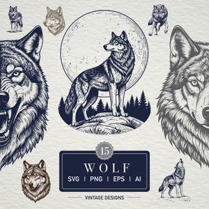 Puede incluir: Una colección de 15 diseños vintage de lobos en formatos SVG, PNG, EPS y AI. Las ilustraciones presentan representaciones detalladas de lobos en varias poses, incluyendo un lobo aullando a la luna y un lobo de pie sobre una roca.
