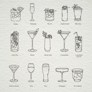 May include: Line art illustration of 15 different cocktails, including Paloma, Champagne, Mai Tai, Tequila Sunrise, Mint Julep, Cuba Libre, Martini, Bloody Mary, Cosmopolitan, Long Island Iced Tea, Espresso Martini, Wine, Beer, Champagne, and The Godfather.