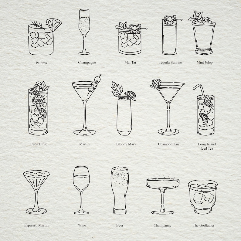 May include: Line art illustration of 15 different cocktails, including Paloma, Champagne, Mai Tai, Tequila Sunrise, Mint Julep, Cuba Libre, Martini, Bloody Mary, Cosmopolitan, Long Island Iced Tea, Espresso Martini, Wine, Beer, Champagne, and The Godfather.