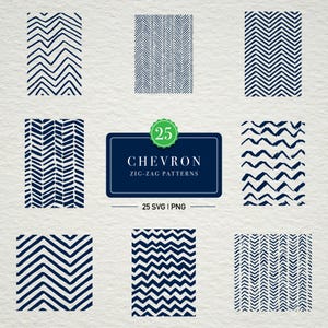 May include: A collection of eight dark blue and white chevron and zig-zag patterns displayed in a grid. A central dark blue rectangular label features the text 25 CHEVRON ZIG-ZAG PATTERNS 25 SVG | PNG with a green circular badge containing the number 25.