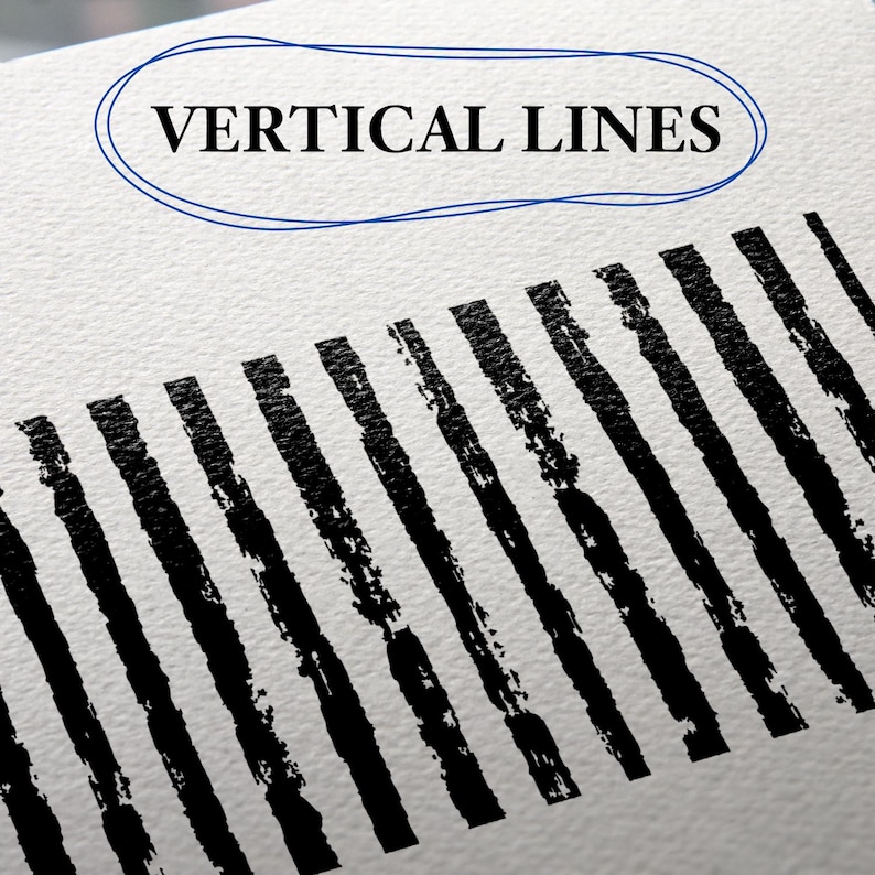 May include: Close-up of a textured white surface with black vertical lines. The words "VERTICAL LINES" are in a blue oval at the top. The black lines are uneven and angled, creating a graphic design.