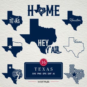 May include: A collection of navy blue Texas-themed graphics. Designs include the state outline with text like "HOME", "TEXAS", and "Houston". Also features a "HEY Y'ALL" design with a cowboy boot and a graphic with the text "TEXAS" and "16 CUT FILES".