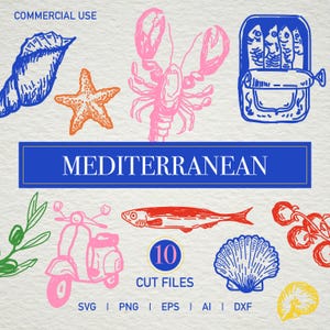Puede incluir: Archivos de corte con temática mediterránea que presentan una langosta rosa, una estrella de mar naranja, una concha azul y una lata de sardinas. La imagen incluye la palabra "MEDITERRANEAN" y el texto "10 CUT FILES".