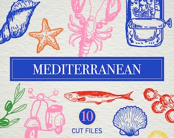 Paquete de iconos mediterráneos en formato SVG: Imágenes prediseñadas de verano costero (descarga digital)
