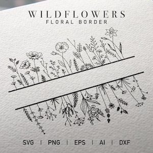 May include: Black and white line art illustration of a floral border with the text "Wildflowers Floral Border". The border is made up of various wildflowers, including daisies, poppies, and ferns.