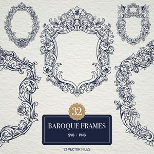 May include: A collection of navy blue baroque frames and decorative elements. The designs include oval and shield-shaped frames, floral corner accents, and the text "BAROQUE FRAMES" and "32 VECTOR FILES".