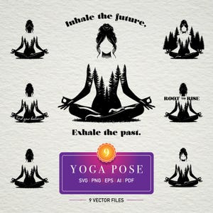 Op de afbeelding: Een verzameling van negen zwarte vectorbestanden met yogahoudingen. De ontwerpen tonen silhouetten van figuren in de lotushouding, met boomachtige patronen in de lichamen. Tekst bevat "Inhale the future, Exhale the past", "Find your balance" en "Root to Rise."