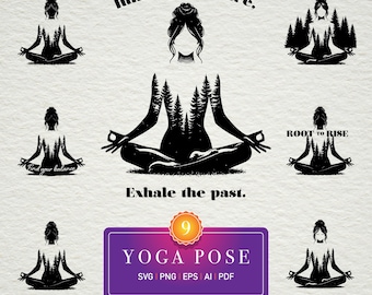 Peut inclure: Collection de neuf fichiers vectoriels de poses de yoga noirs. Les motifs présentent des silhouettes de figures en position du lotus, avec des motifs en forme d'arbres à l'intérieur des corps. Le texte comprend "Inhale the future, Exhale the past", "Find your balance" et "Root to Rise."