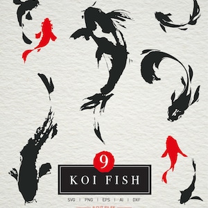 以下が含まれることがあります： 水彩画風の黒と赤のコイの魚の9つのイラスト。画像には、長方形のフレームに「KOI FISH」というテキストと、ファイルタイプのインジケーター（SVG、PNG、EPS、AI、DXF）が含まれています。「9 CUT FILES」というテキストも表示されています。