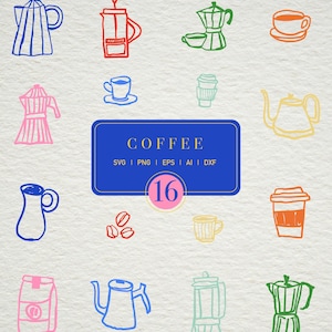 May include: A collection of 16 colorful coffee-themed illustrations in a hand-drawn style. The image includes various coffee makers, cups, and coffee beans, with the word "COFFEE" in a blue rectangle. The number 16 is in a pink circle.