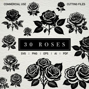 May include: A selection of 30 black and white rose illustrations. The image features different rose designs, including single blooms and bouquets, with stems and leaves. Text includes "Commercial Use" and "Cutting Files".