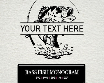 Bass Fish Monogram SVG: Custom Fishing Logo, Fisherman Gift (Cut Files)