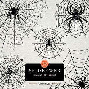 May include: Black and white spiderweb designs with spiders. The image includes a black rectangle with the text "SPIDERWEB" and the file types: SVG, PNG, EPS, AI, and DXF. The image also includes the text "22 CUT FILES".