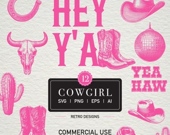 Pink Retro Cowgirl SVG Bundle: Boots, Hat, Skull (Digital Clipart)