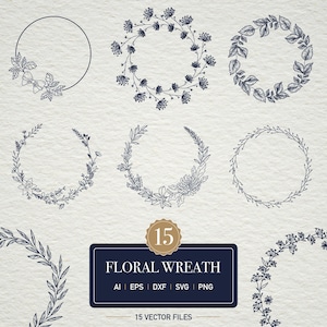 Könnte beinhalten: Eine Sammlung von 15 Vektor-Dateien mit floralen Kränzen in verschiedenen Designs. Die Kränze sind in Dunkelblau gehalten und weisen verschiedene Blumen- und Blättermuster auf. Das Bild enthält ein marineblaues Rechteck mit dem Text "FLORAL WREATH".