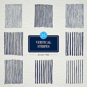 May include: Nine navy blue vertical stripe designs on a textured, off-white background. A navy blue rectangle with the text "VERTICAL STRIPES" and "25 SVG | PNG" is in the center. A blue circle with the number 25 is above the rectangle.