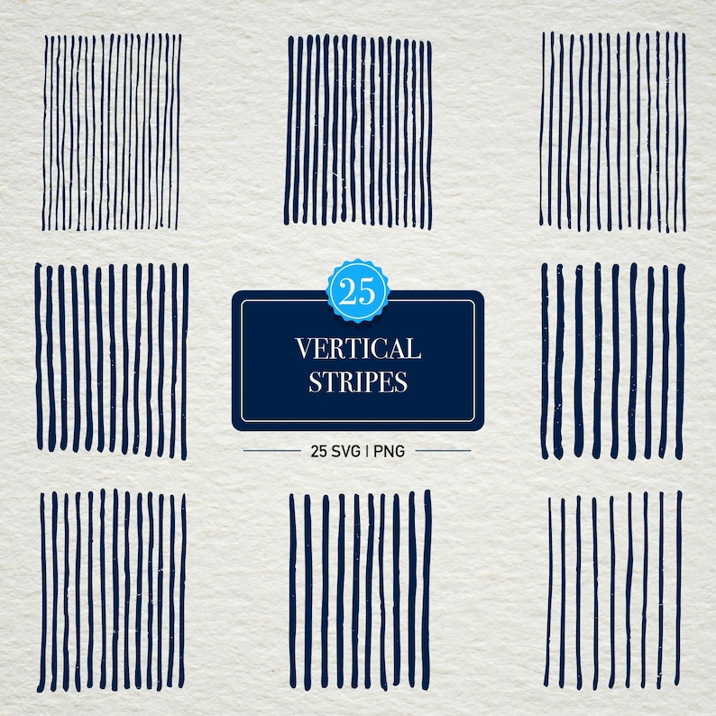 May include: Nine navy blue vertical stripe designs on a textured, off-white background. A navy blue rectangle with the text "VERTICAL STRIPES" and "25 SVG | PNG" is in the center. A blue circle with the number 25 is above the rectangle.