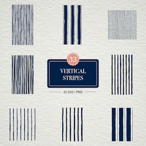 May include: Collection of navy blue and white vertical stripe patterns. The image includes various stripe designs, a navy blue rectangle with the text "VERTICAL STRIPES" and a pink circle with the number "33".