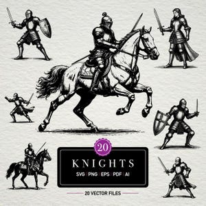 Può includere: Illustrazioni in bianco e nero di cavalieri in varie pose, tra cui un cavaliere a cavallo e cavalieri con spade e scudi. L'immagine include il testo "KNIGHTS" e "20 VECTOR FILES".