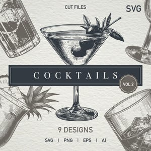Vintage Cocktails Bundle 2 SVG Signatur Cocktail Clipart Trinkillustrationen Linie Hochzeits-Cocktails PNG Hochzeitsgetränkekarte Cut Files Cricut