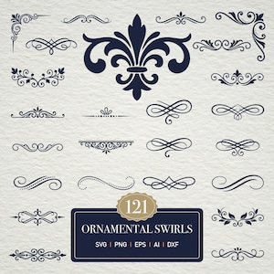 May include: A collection of dark blue digital ornamental swirls and flourishes on a textured off-white background. The set includes various scrollwork, corner accents, and dividers, with a central label reading 121 ORNAMENTAL SWIRLS SVG PNG EPS AI DXF.