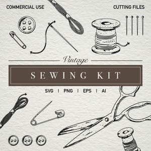 May include: A vintage-style sewing kit illustration with various tools, including scissors, needles, thread spools, buttons, and a safety pin. The text "Vintage Sewing Kit" is displayed in a brown rectangular frame.