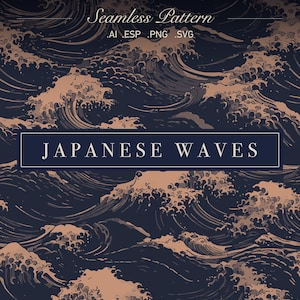 Puede incluir: Patrón sin costuras de olas japonesas en un esquema de color azul oscuro y marrón claro. El patrón se titula "Olas japonesas".