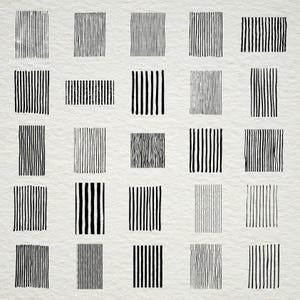 May include: A grid of twenty-five black vertical line patterns on a textured, off-white background. Each pattern is a unique arrangement of parallel lines, varying in thickness and spacing, creating a minimalist, abstract design.