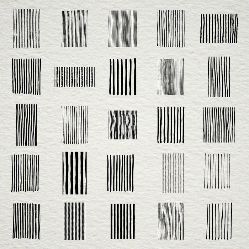 May include: A grid of twenty-five black vertical line patterns on a textured, off-white background. Each pattern is a unique arrangement of parallel lines, varying in thickness and spacing, creating a minimalist, abstract design.
